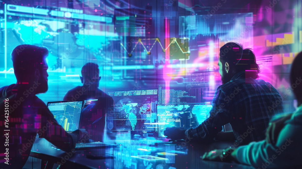 Poster diverse team collaborates in a command room filled with digital displays and neon lighting for data 
