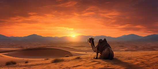 Giraffe in desert at sunset with mountains