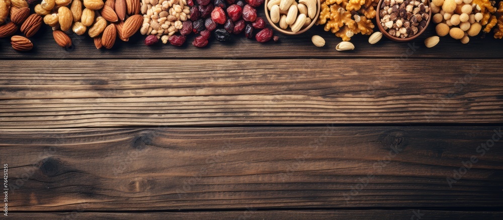 Poster Variety of nuts and seeds displayed on a wooden table