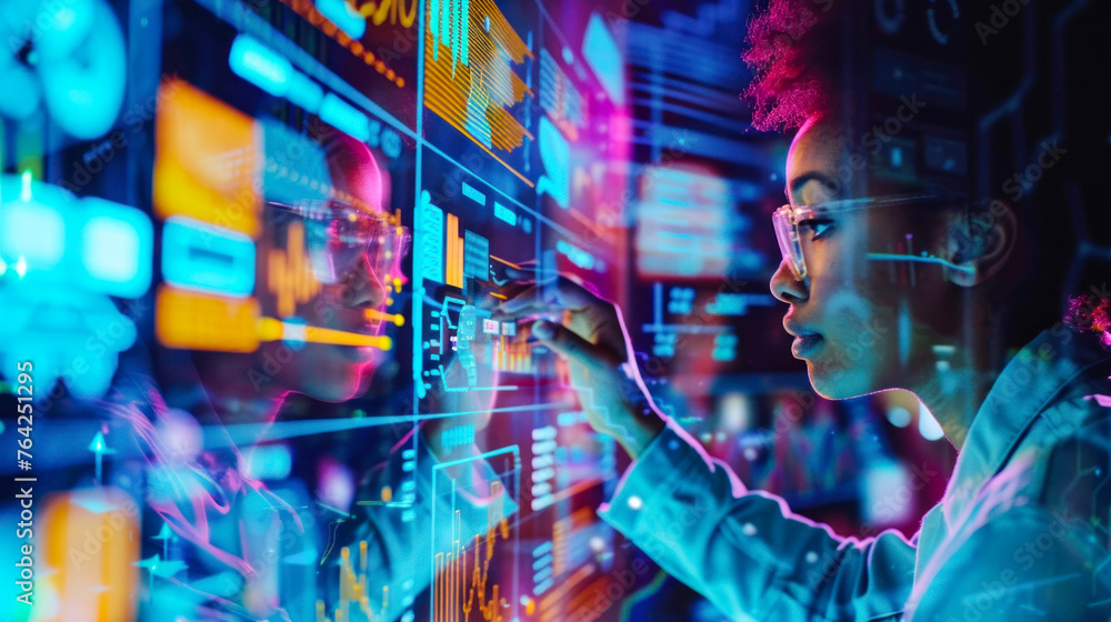 Poster a focused expert meticulously examines digital data on a futuristic interactive screen within a tech