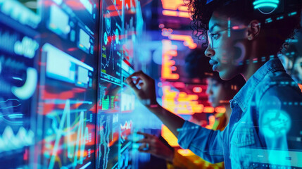 Two professionals engaged in analyzing statistical data on futuristic interactive digital displays in a high-tech environment