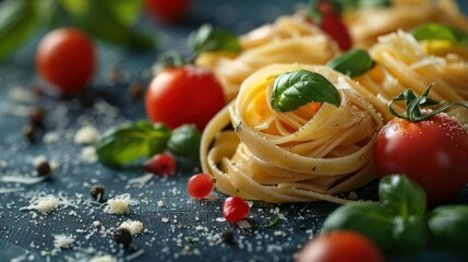 a picture of spaghetti and tomatoes on a table. Free space. Copy Space. Space Background.