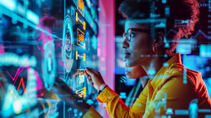 An individual interacts with multiple visualization panels highlighting complex data analysis in a dynamic workspace