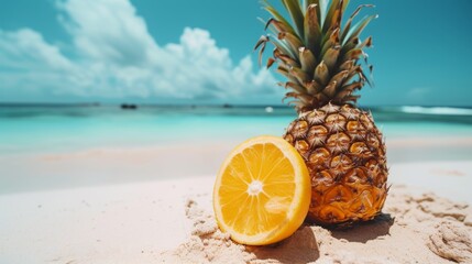 summer background. Pineapple on the beach in the sand against the background of the sea - obrazy, fototapety, plakaty