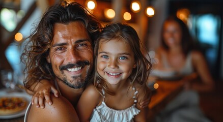 a man and a girl pose for a photo in a restaurant father's. Free space. Copy Space.
