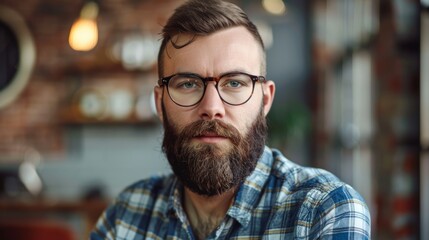 Bearded man in glasses with a thoughtful expression. Casual style studio portrait on a blurred indoor background - obrazy, fototapety, plakaty