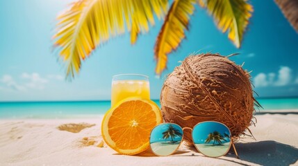 summer background. Coconut on the beach in the sand against the background of the sea and palm