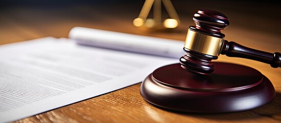 Wooden gavel on table next to paper