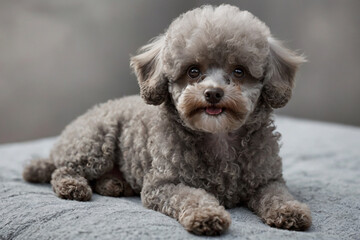 Silver toy poodle. Pet in nature. Cute dog like a toy