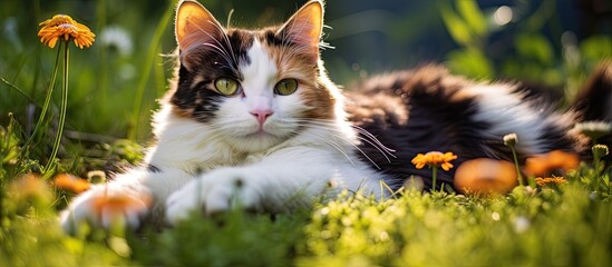 Calico cat resting on grass grooming its paw - Powered by Adobe