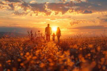 A backlit image of a couple holding hands in a field at sunset, with a soft focus on the surrounding wildflowers - obrazy, fototapety, plakaty