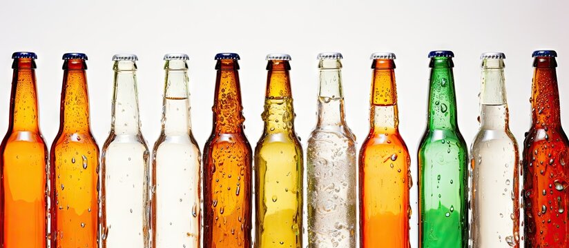 Row of beer bottles with water droplets