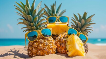 summer background. Pineapple on the beach in the sand against the background of the sea