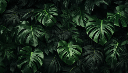Fototapeta na wymiar Tropical leaves dark green foliage in jungle nature