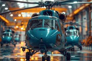 A sleek blue helicopter is showcased in a well-lit hangar, exemplifying modern aviation and technological advancements in transport