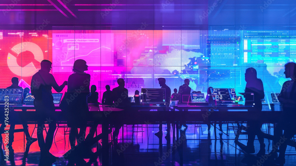 Aufkleber professionals interact with digital interfaces and control systems in a neon-lit command center with