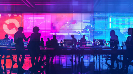 Professionals interact with digital interfaces and control systems in a neon-lit command center with futuristic aesthetics