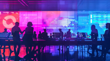Professionals interact with digital interfaces and control systems in a neon-lit command center with futuristic aesthetics