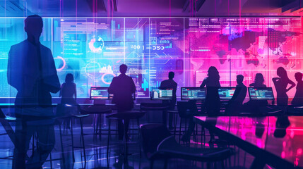 A team of professionals monitoring data in a high-tech command center filled with digital screens and holographic displays
