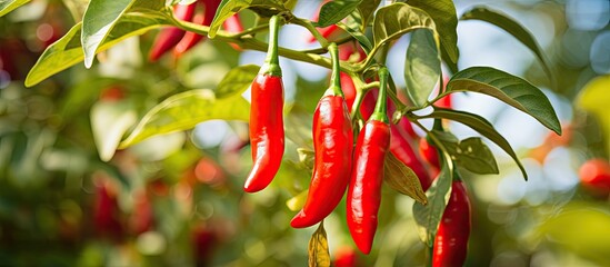 Red peppers hanging on tree under sunlight