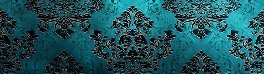 a seamless pattern of turquoise damask wallpaper, the background is seamless and repeating, with an aged look and subtle grunge effect