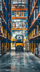 Fototapeta premium Male warehouse worker working in logistic commercial storage interior retail goods boxes supply. Man storehouse employee manager at work, distribution, industrial sorting and delivery.