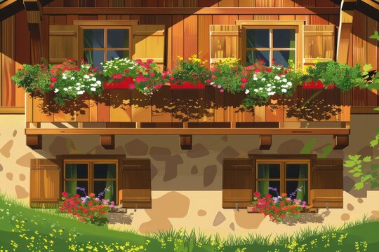 A painting depicting a traditional Swiss chalet with wooden balconies adorned with flowers in the window boxes. The scene captures the charm of a quaint countryside home with vibrant floral accents