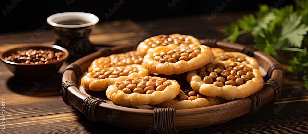 Poster Bowl of beans and Chinese pastry on wooden background