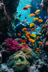 Fototapeta na wymiar A large group of vibrant tropical fish of various colors swimming in an aquarium, moving gracefully through the water, creating a colorful spectacle with their scales glinting in the light