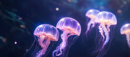 Jellyfish float in tank with dark background - obrazy, fototapety, plakaty