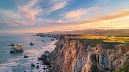 Fototapeta na wymiar Coastal sunset with rock formations and dynamic sky. Seascape photography with natural arches and cliffs.