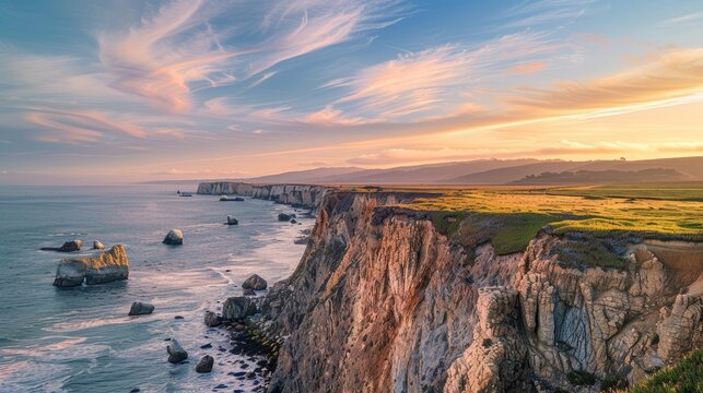 Coastal sunset with rock formations and dynamic sky. Seascape photography with natural arches and cliffs.