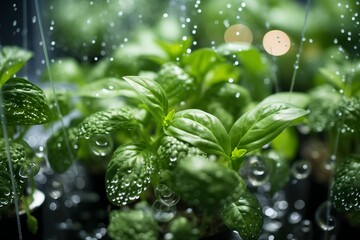 Detailed view of a lush green plant covered in sparkling water droplets after a fresh rainfall.