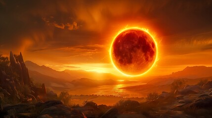 Apocalyptic Vision Of A Giant Red Sun Setting Behind A Silhouetted Landscape With A River In The Foreground