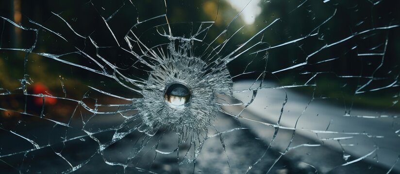 Bullet hole in windshield on road