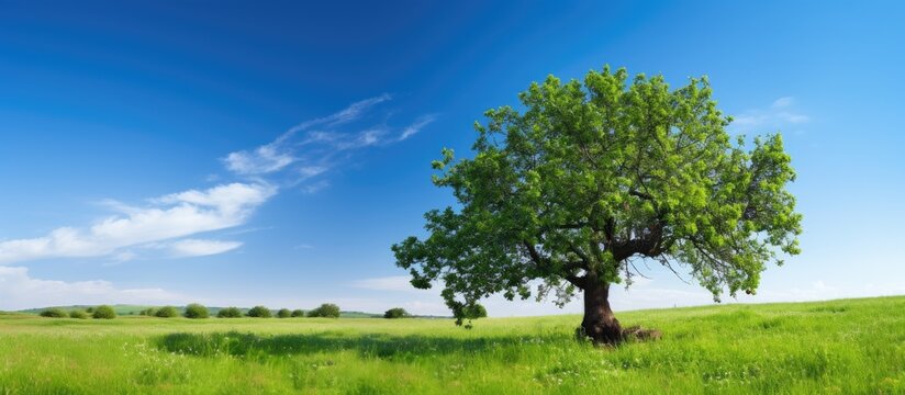 Solitary tree against green field and blue sky
