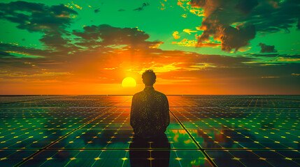 Silhouette of a man with solar panels, highlighting renewable energy and environmental innovation - obrazy, fototapety, plakaty