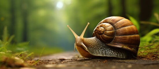 A snail moves along a forest trail