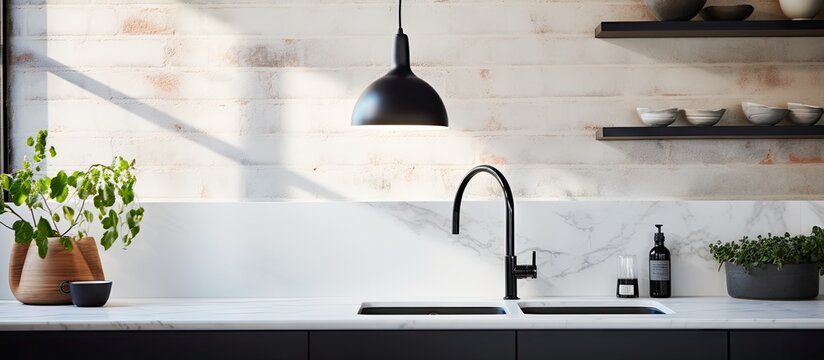 Carrera marble kitchen countertop with black faucet and pendant light