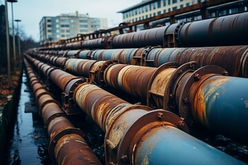 A close-up view of rusty metal pipes running alongside a small urban canal. The pipes are weathered and covered in rust, suggesting age and disuse.