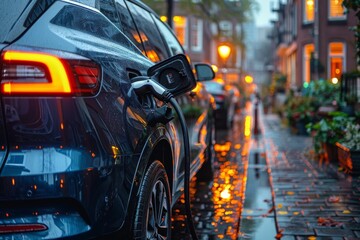Obraz premium Luxury electric SUV being charged on a rain-soaked street illustrating eco-luxury lifestyle and green technology
