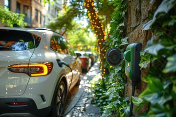 Electric vehicle (EV) charging amidst urban street decorated with lights next to a brick wall
