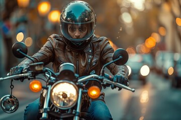 Motorcyclist in leather gear riding a classic motorcycle on an urban street surrounded by city lights - obrazy, fototapety, plakaty