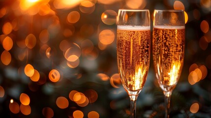 Blurred festive bokeh backdrop with champagne glasses, setting the mood for celebration and elegance