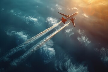 An artistic shot of an airplane with contrails flying high above swirling cloud formations, symbolizing progress, innovation, and the vastness of travel possibilities
