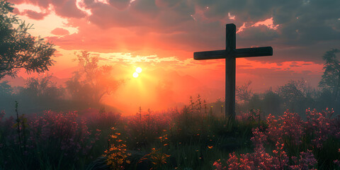 Fototapeta na wymiar A serene image of an Easter cross against a beautiful dawn background, symbolizing the hope and spirituality of the holiday.
