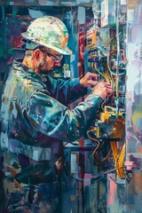 Obraz na płótnie Canvas A painting depicting VetalVit, an electrician, working on upgrading an electrical panel. The man is focused on the machine, diligently enhancing its functionality