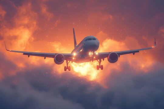 A dramatic and inspiring image of a commercial airline flying against a backdrop of a fiery sunset sky, evoking feelings of adventure and the romance of travel