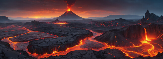 Volcano eruption landscape,  molten lava flowing, river in fire, hot magma, rocky ground. Dark spooky fiery background - obrazy, fototapety, plakaty
