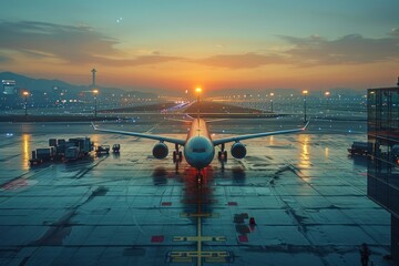 Twilight descends as an airplane awaits departure, captured from the airport terminal with lights illuminating the scene